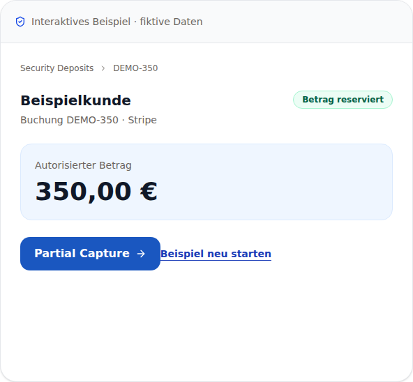 Öffentliche PayRequest-Demo: fiktive autorisierte Kaution über 350 €.