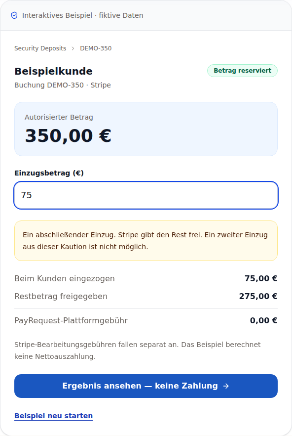 Öffentliche PayRequest-Demo: Vorbereitung eines fiktiven Einzugs über 75 € und Freigabe von 275 €.