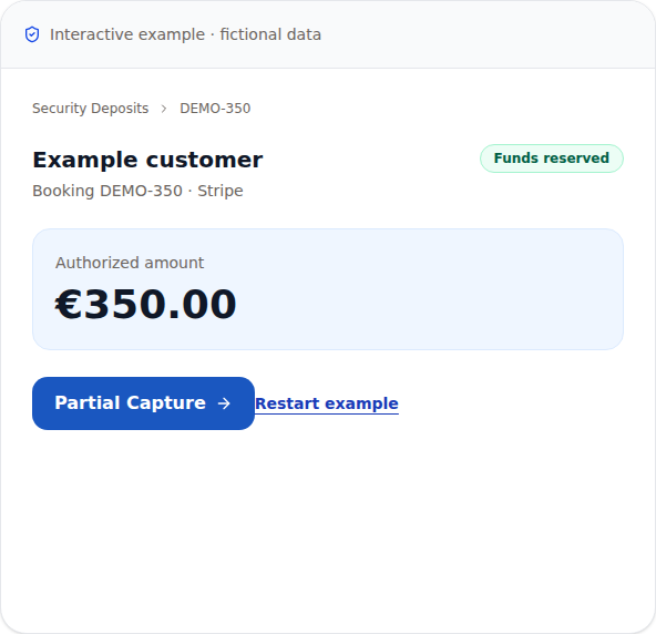 PayRequest public demo: fictional authorized €350 deposit.