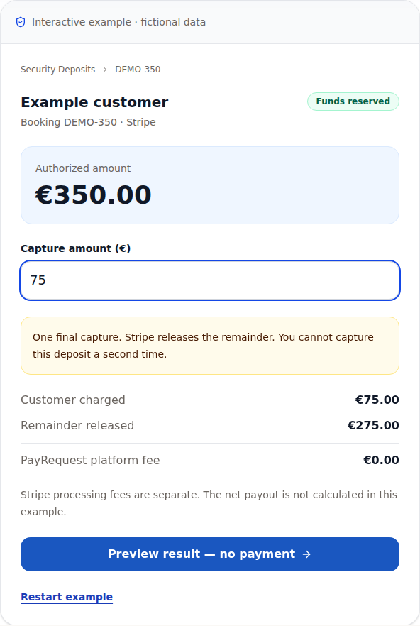 PayRequest public demo: fictional €75 capture preparation and €275 release.