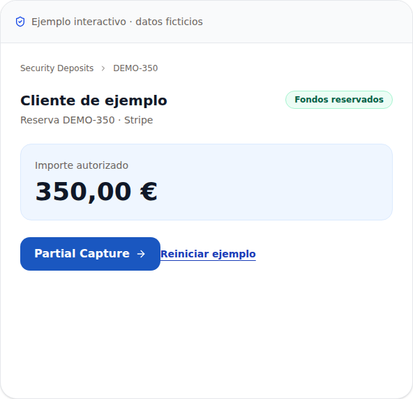 Demo pública PayRequest: fianza ficticia autorizada de 350 €.
