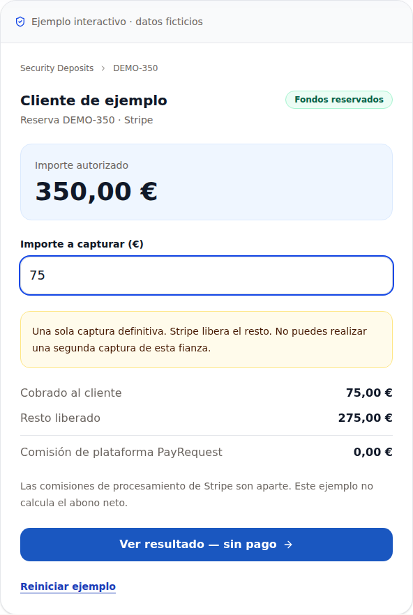 Demo pública PayRequest: preparación de cobro ficticio de 75 € y liberación de 275 €.