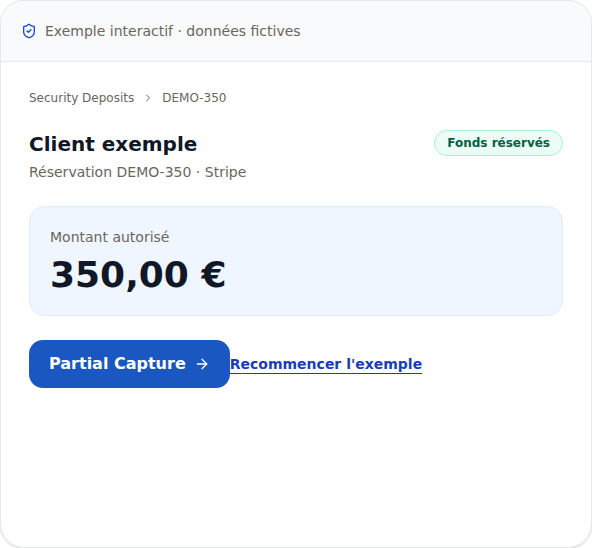 Démonstration publique PayRequest : caution fictive de 350 € autorisée, données fictives.