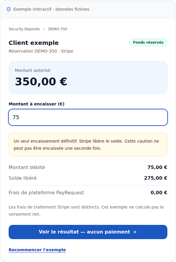 Démonstration publique PayRequest : préparation d’un encaissement fictif de 75 € et libération de 275 €.