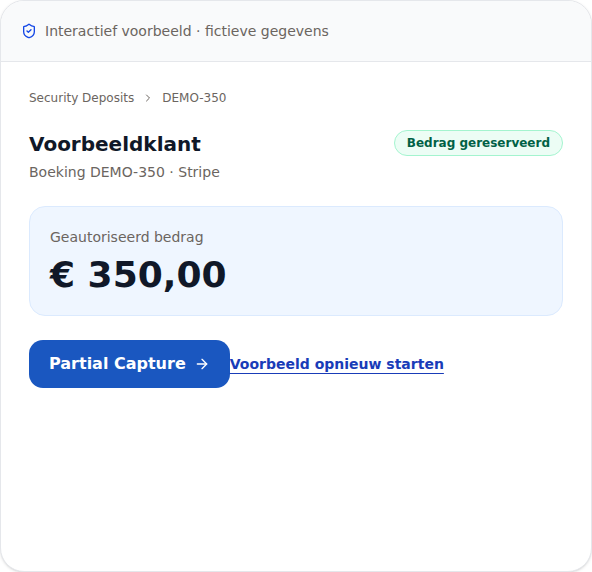 Publieke PayRequest-demo: fictieve geautoriseerde borg van €350.