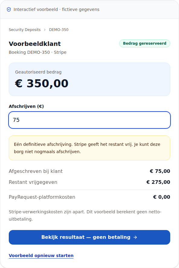 Publieke PayRequest-demo: voorbereiding van fictieve incasso van €75 en vrijgave van €275.